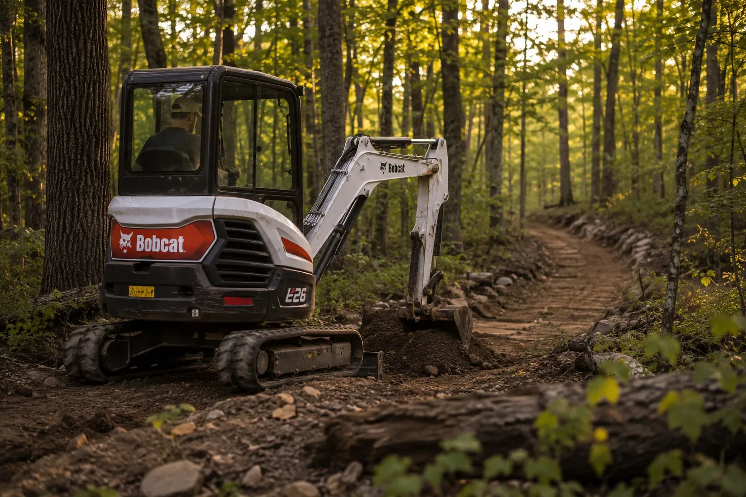 A Bobcat E26 mini excavator working a narrow trail through hardwood timber
