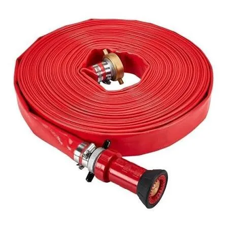 Coiled red discharge hose with nozzle, included with the pump