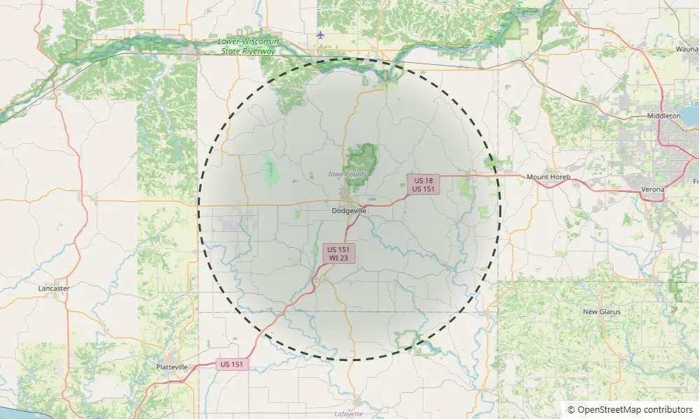 Map of southwest Wisconsin centred on Dodgeville, with the approximate service area shaded
